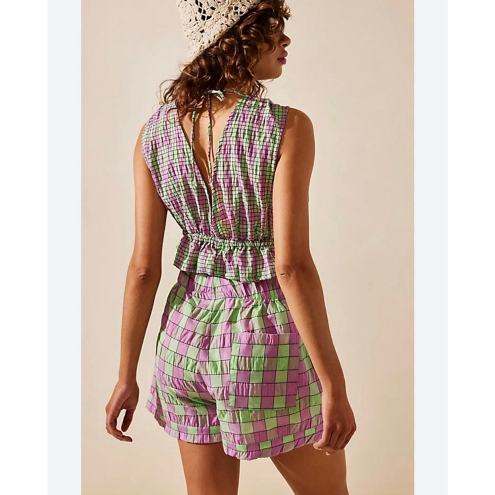 Free People Linus Plaid Short Set S Tie Front Top Festival Boho Colourful - Picture 2 of 10